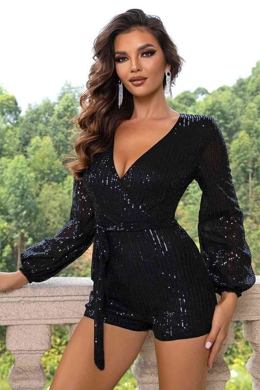 Bow Sequins Long Sleeve Romper